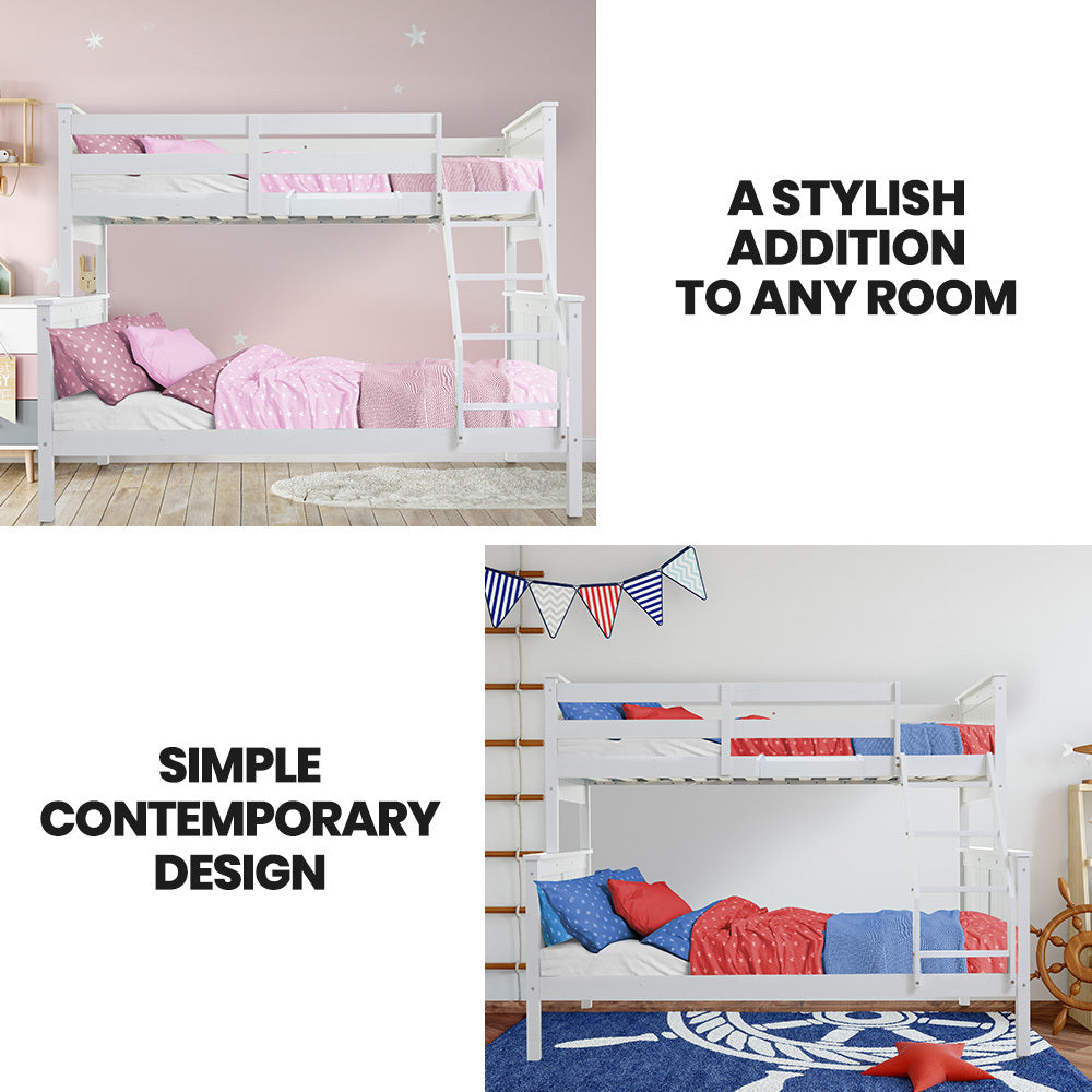 Triple Wooden Single Over Double Bunk Bed Frame for Kids, Convertible Design, White, shown in styled children’s bedrooms with bedding.