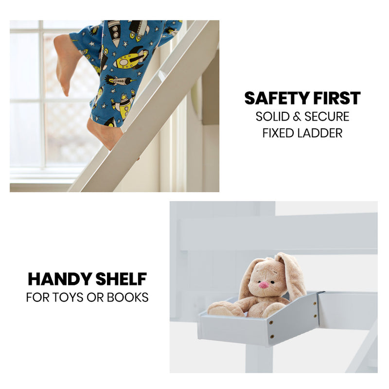 Triple Wooden Single Over Double Bunk Bed Frame for Kids, Convertible Design, White with fixed ladder and built-in toy shelf.
