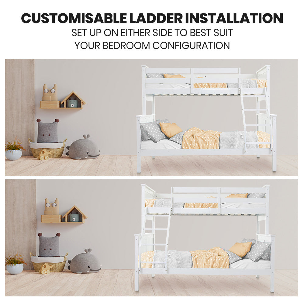 Triple Wooden Single Over Double Bunk Bed Frame for Kids, Convertible Design, White with customizable ladder on either side in bedroom setting
