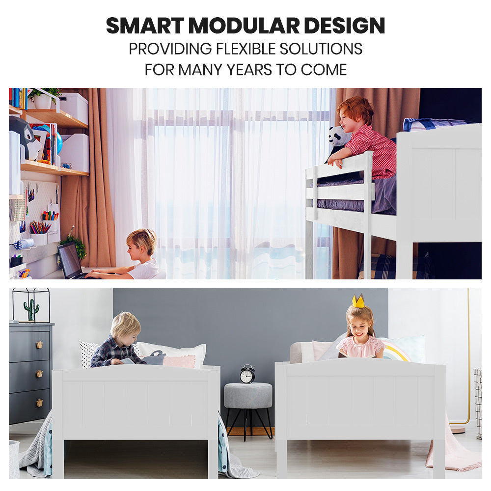 Triple Wooden Single Over Double Bunk Bed Frame for Kids, Convertible Design, White