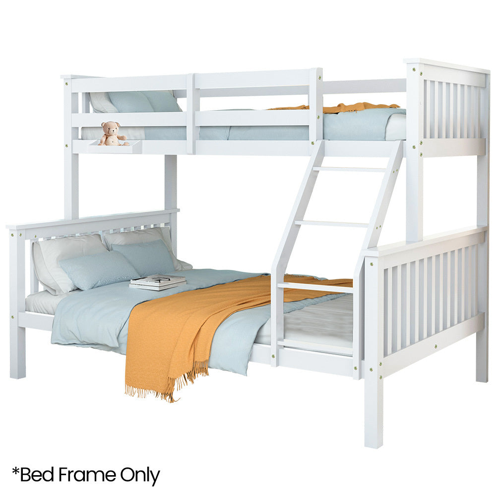 Single Over Double Wooden Bunk Bed Frame, Triple Solid Pine 2-in-1 Modular Design, Converts to 2 Beds, For Kids, White with bedding