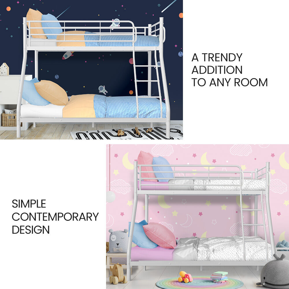 Single over Double Metal Bunk Bed Frame, Matte White with ladder, shown in two kids’ bedroom settings with colorful bedding and decor