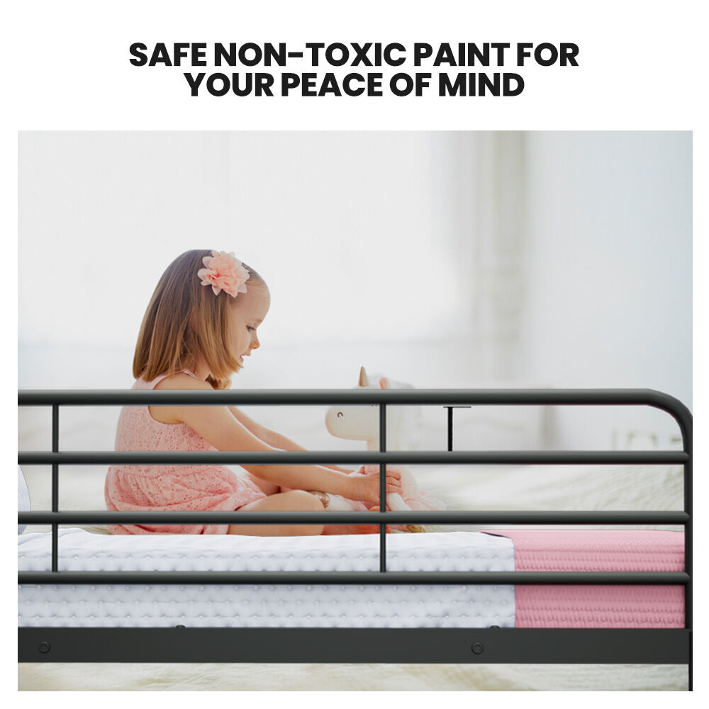 2-in-1 Single Metal Bunk Bed Frame - Dark Matte Grey with child sitting, highlighting safe non-toxic paint feature