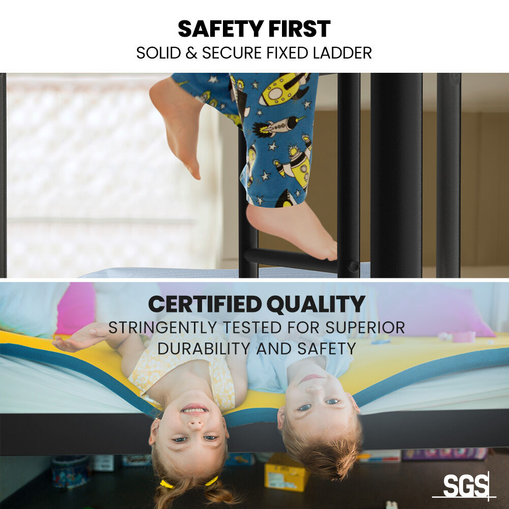 Close-up of child climbing solid fixed ladder and kids smiling on 2-in-1 Single Metal Bunk Bed Frame - Dark Matte Grey