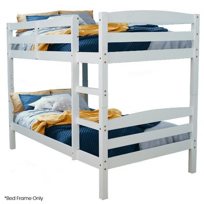 Single Bunk Bed Frame, Solid Pine 2-in-1 Modular Design, White with blue and yellow bedding in modern bedroom setting