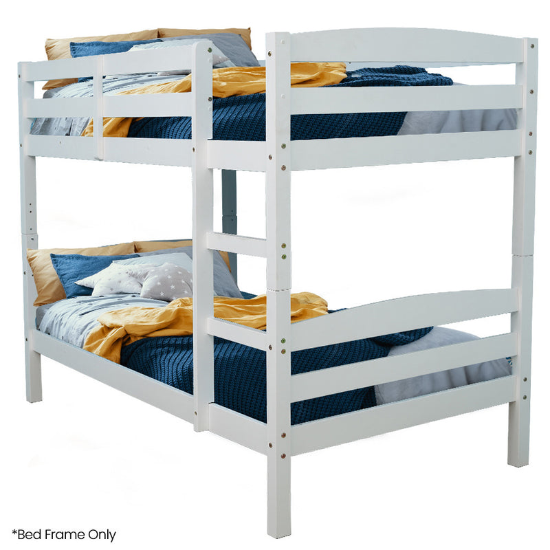 Single Bunk Bed Frame, Solid Pine 2-in-1 Modular Design, White with blue and yellow bedding in modern bedroom setting