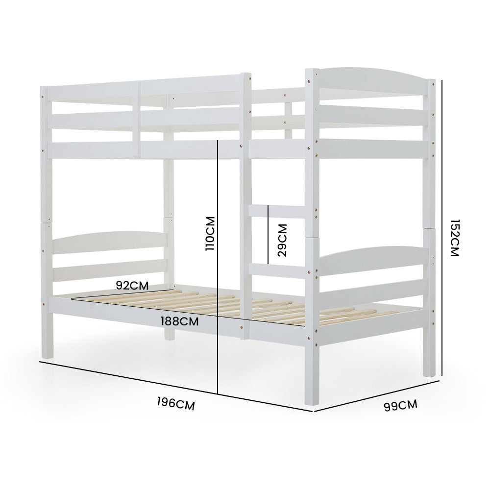 Single Bunk Bed Frame, Solid Pine 2-in-1 Modular Design, White with dimensions shown on white background