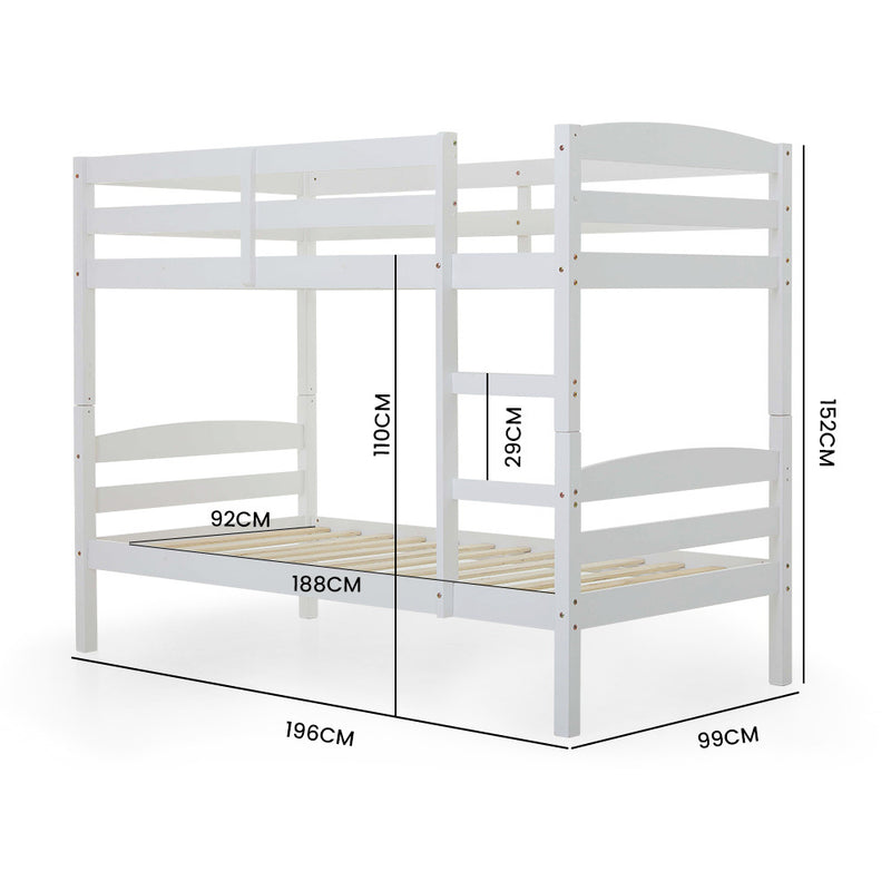 Single Bunk Bed Frame, Solid Pine 2-in-1 Modular Design, White with dimensions shown on white background