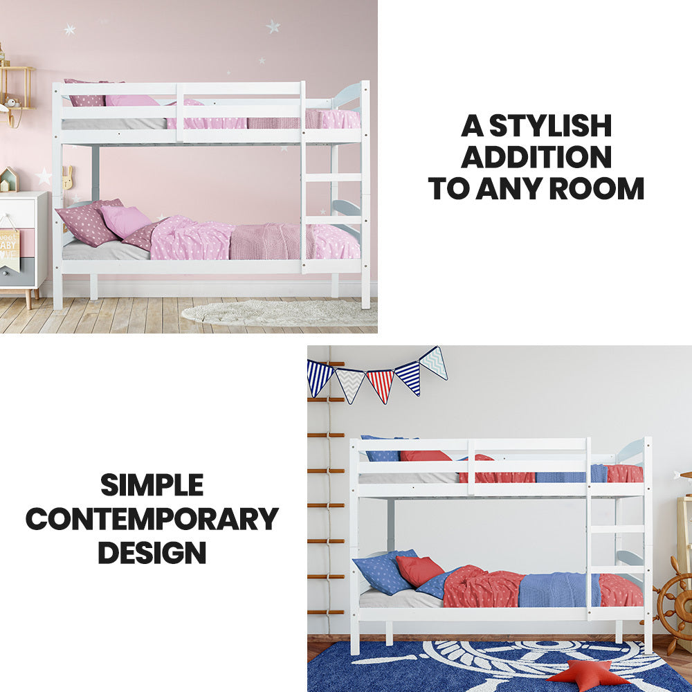 Single Bunk Bed Frame, Solid Pine 2-in-1 Modular Design, White