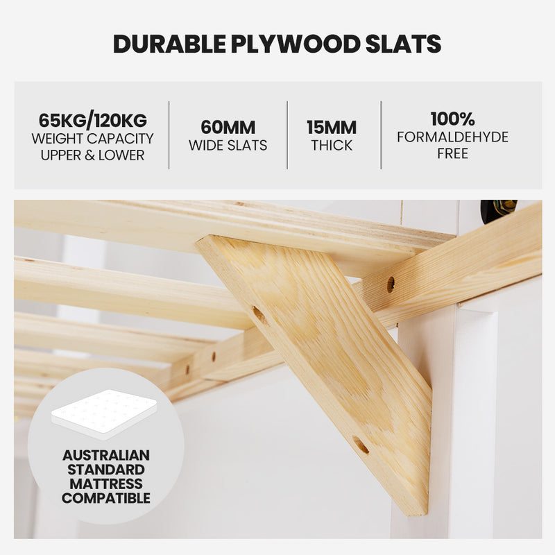 Single Bunk Bed Frame, Solid Pine 2-in-1 Modular Design, White with durable plywood slats and sturdy wooden support bracket