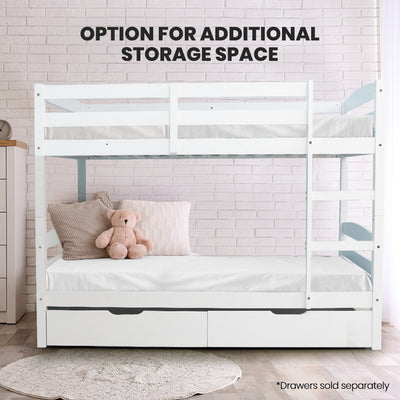 Single Bunk Bed Frame, Solid Pine 2-in-1 Modular Design, White with pillows, teddy, and option for additional storage space
