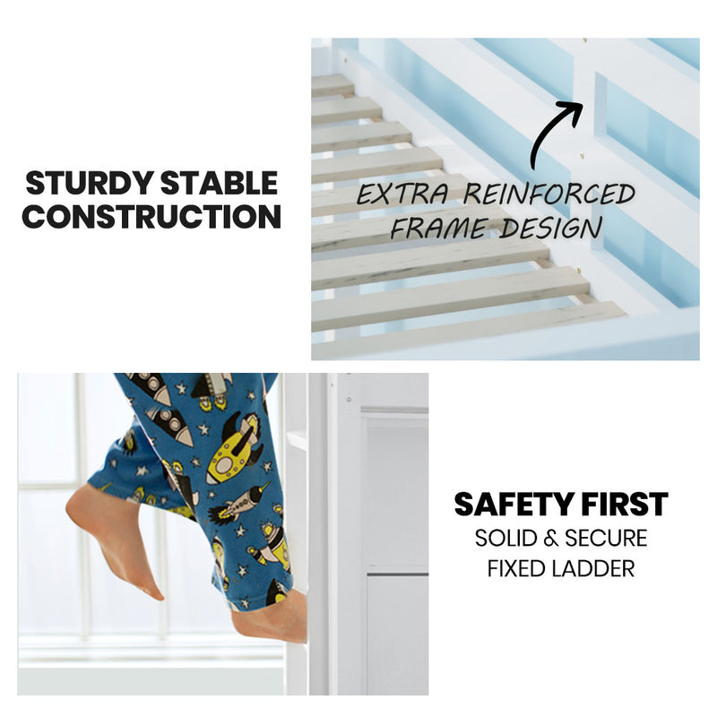 Single Bunk Bed Frame, Solid Pine 2-in-1 Modular Design, White with reinforced frame and solid fixed ladder safety features