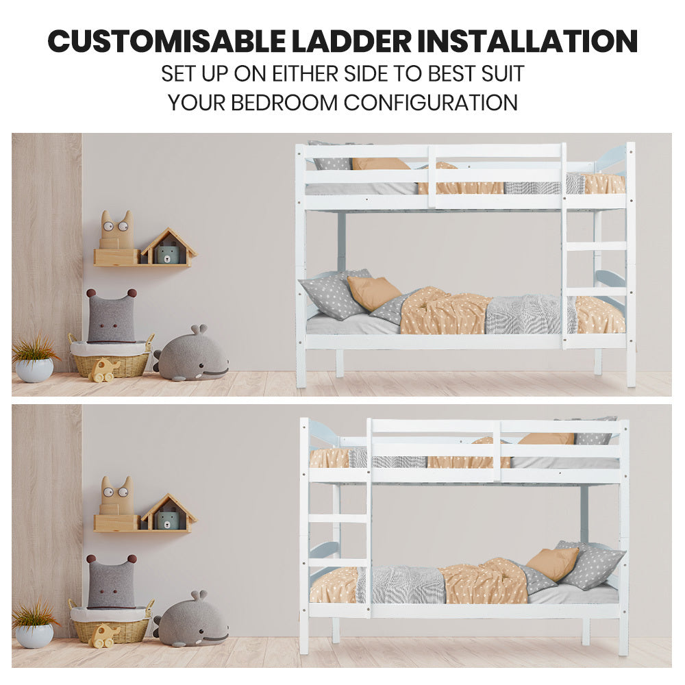 Single Bunk Bed Frame, Solid Pine 2-in-1 Modular Design, White with customizable ladder on left or right side in bedroom setting