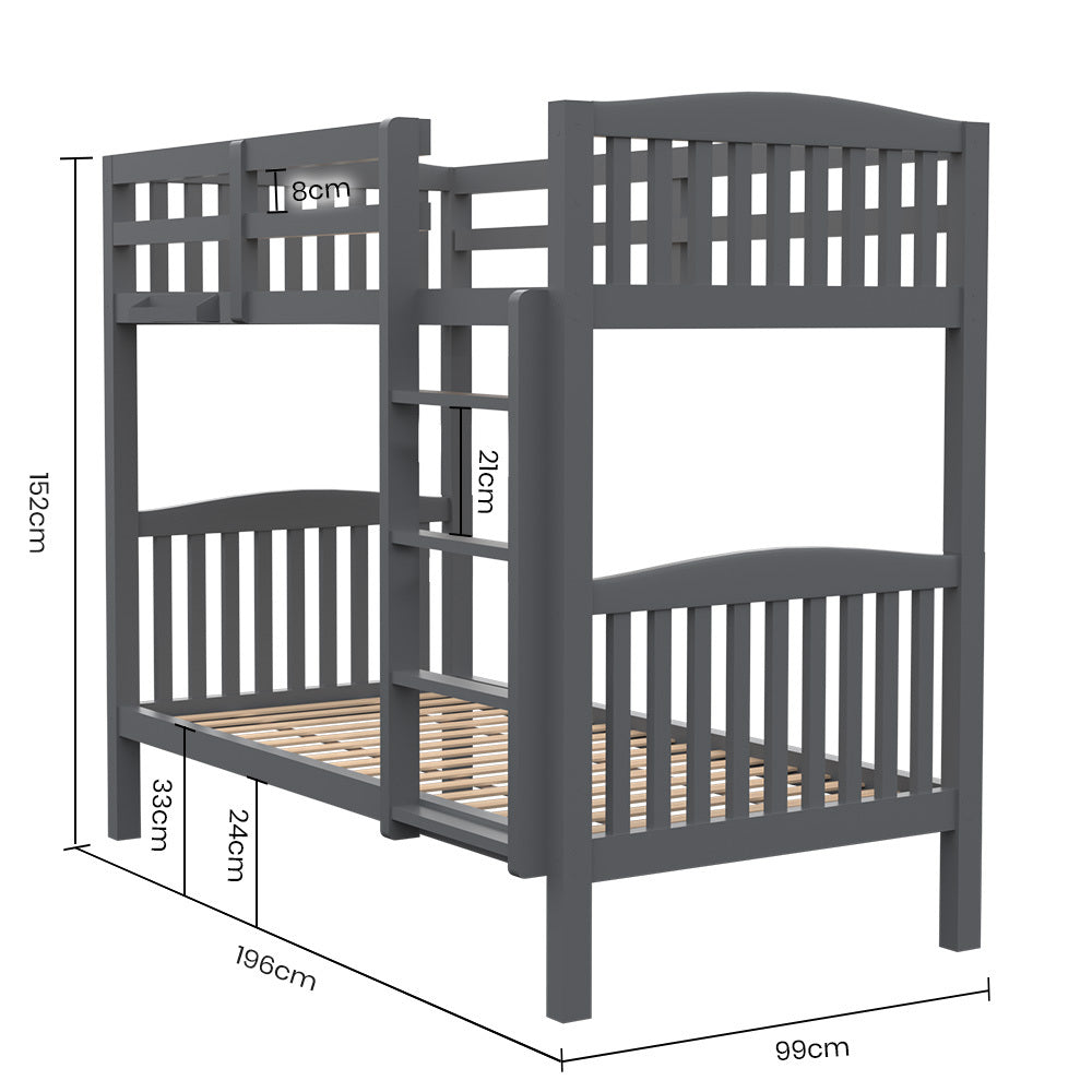 Single Bunk Bed Frame Solid Pine Wood Timber, Modular Design, Grey with ladder and wooden slats, bedroom furniture by Bedzy