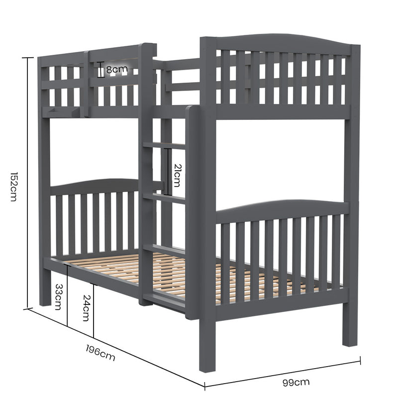 Single Bunk Bed Frame Solid Pine Wood Timber, Modular Design, Grey with ladder and wooden slats, bedroom furniture by Bedzy