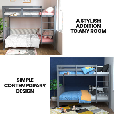 Single Bunk Bed Frame Solid Pine Wood Timber, Modular Design, Grey with mattress and bedding in modern bedroom settings