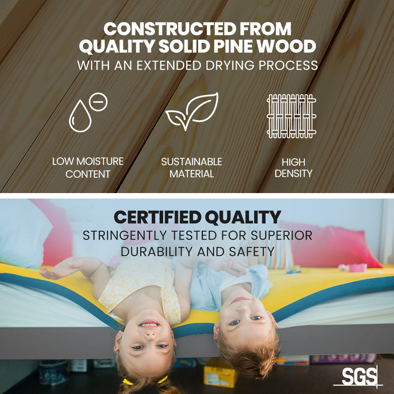 Single Bunk Bed Frame Solid Pine Wood Timber, Modular Design, Grey with certified durable solid pine wood and safety tested features