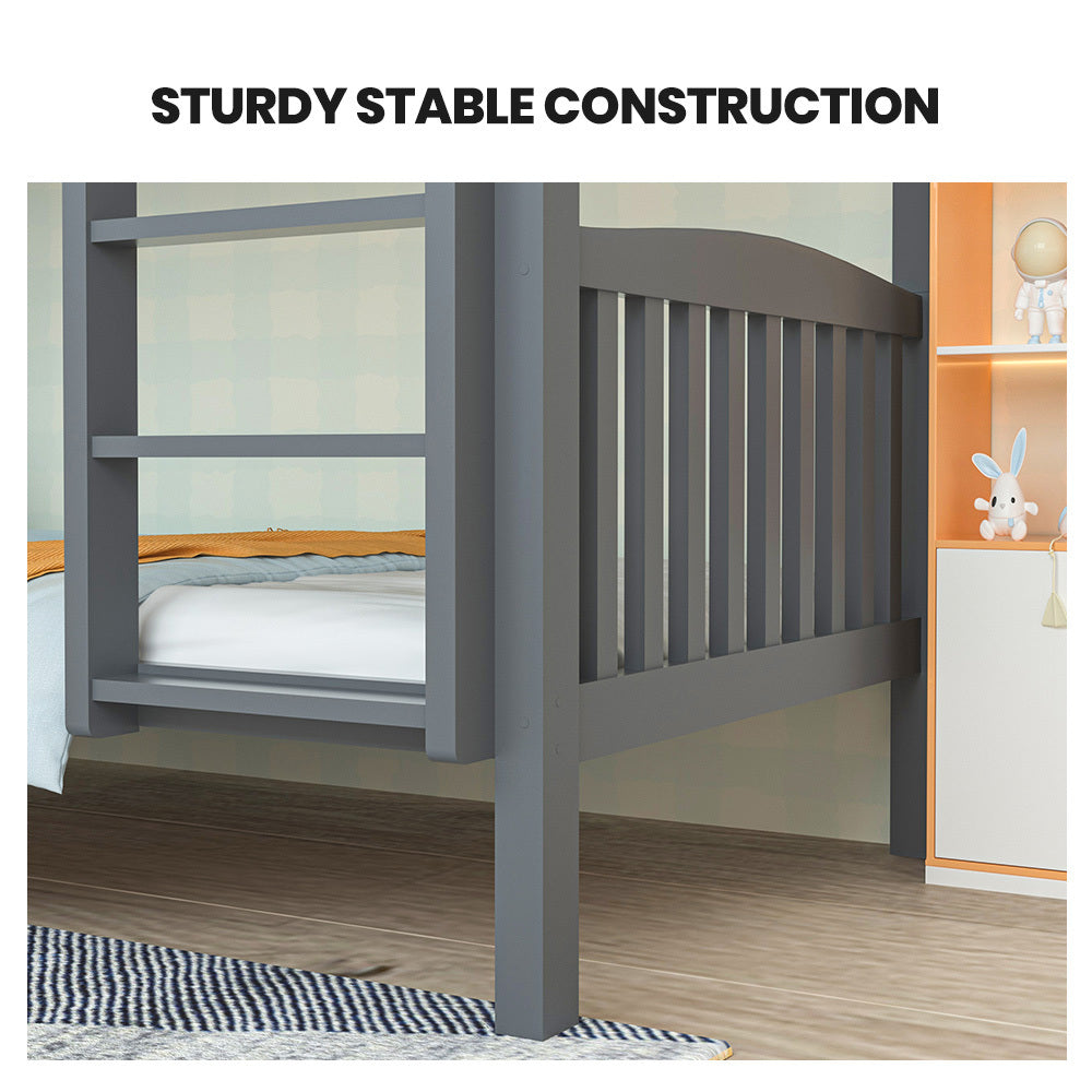 Single Bunk Bed Frame Solid Pine Wood Timber, Modular Design, Grey with sturdy stable construction in bedroom setting