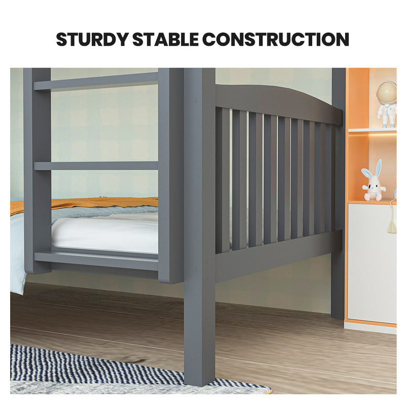 Single Bunk Bed Frame Solid Pine Wood Timber, Modular Design, Grey with sturdy stable construction in bedroom setting