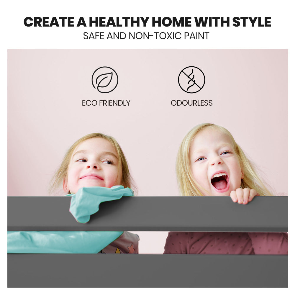 Two children peeking over the grey Single Bunk Bed Frame Solid Pine Wood Timber, Modular Design, Grey with eco-friendly paint icons above