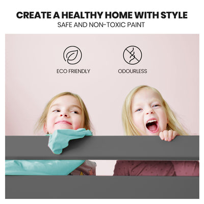 Two children peeking over the grey Single Bunk Bed Frame Solid Pine Wood Timber, Modular Design, Grey with eco-friendly paint icons above