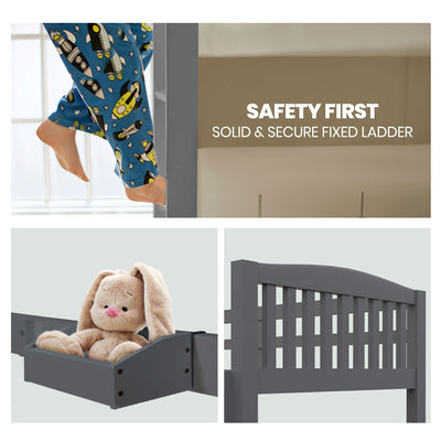 Single Bunk Bed Frame Solid Pine Wood Timber, Modular Design, Grey with secure ladder and slatted headboard detail.
