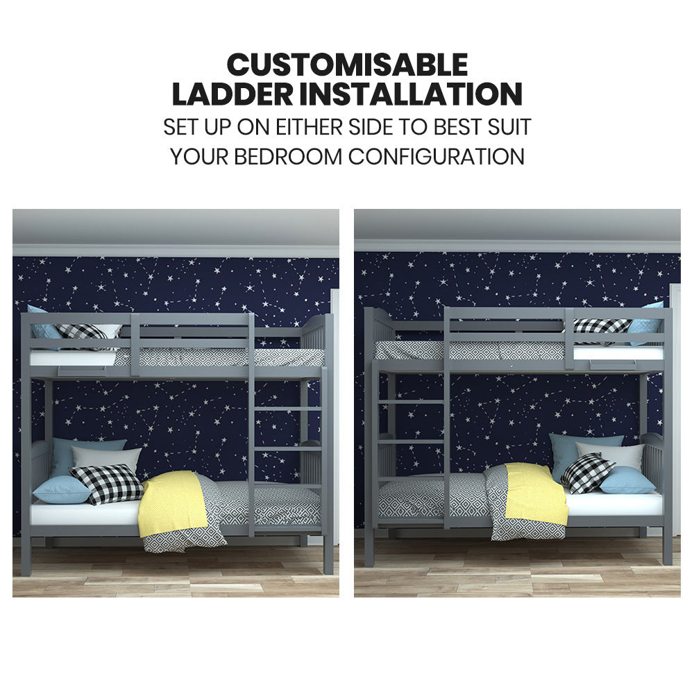 Single Bunk Bed Frame Solid Pine Wood Timber, Modular Design, Grey with customizable ladder setup on either side in bedroom setting