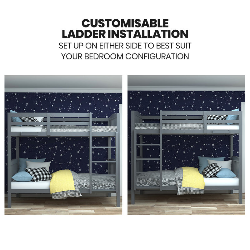 Single Bunk Bed Frame Solid Pine Wood Timber, Modular Design, Grey with customizable ladder setup on either side in bedroom setting