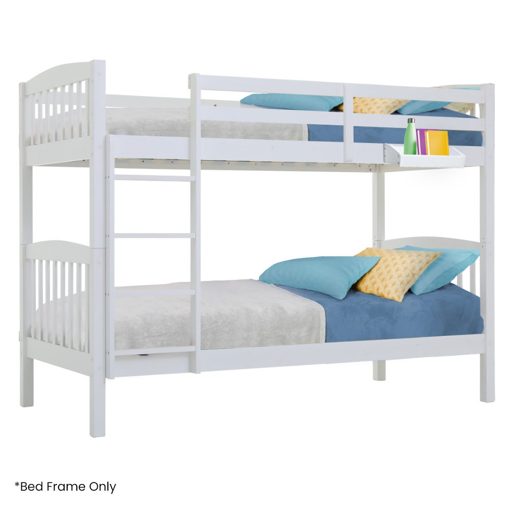 Kids Wooden Convertible Bunk Bed (Can convert to 2 Singles) - White with ladder, pillows, bedding, and book holder accessory