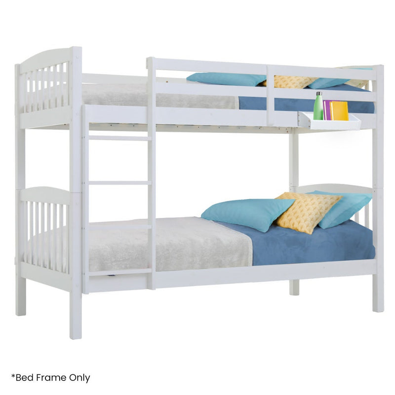 Kids Wooden Convertible Bunk Bed (Can convert to 2 Singles) - White with ladder, pillows, bedding, and book holder accessory