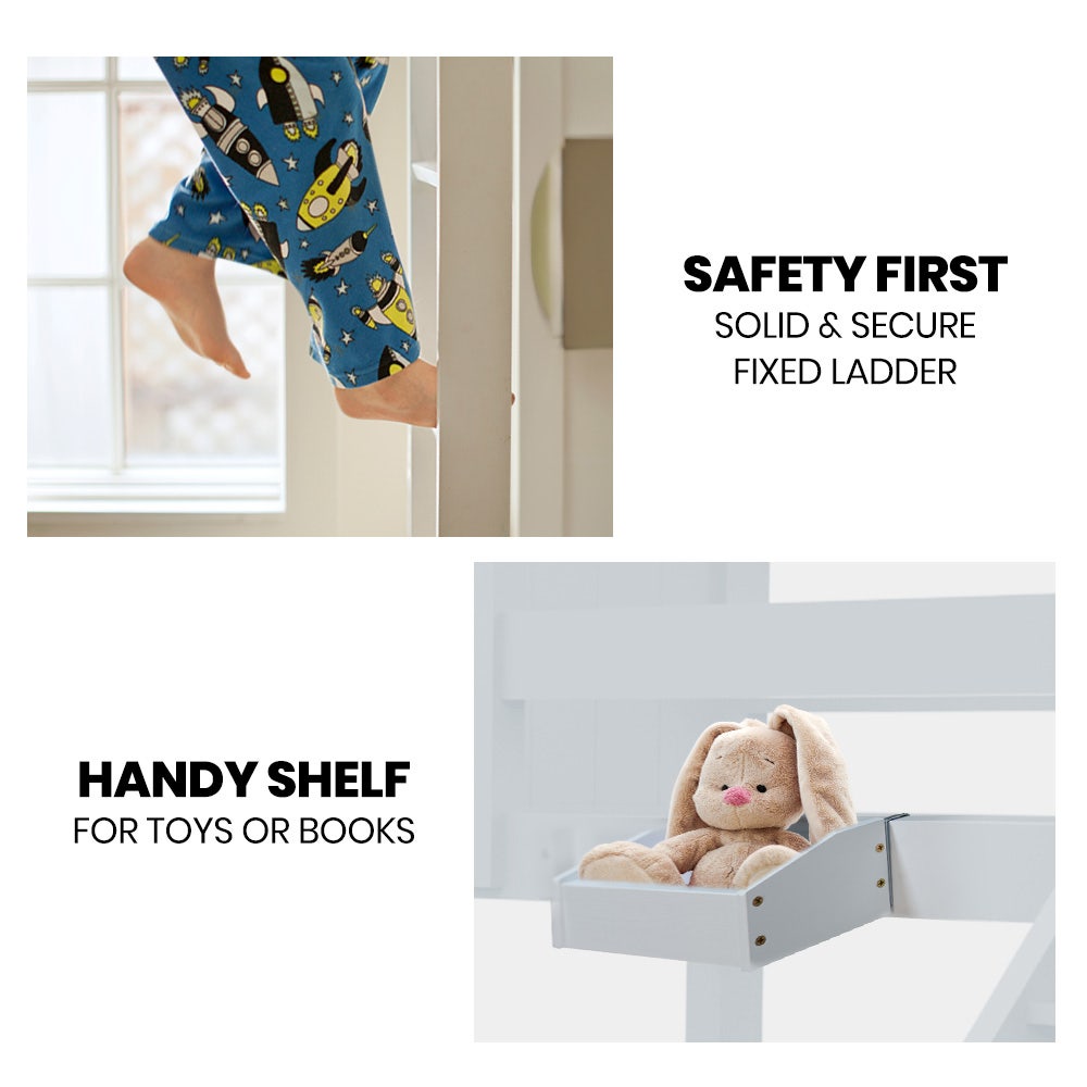 Close-up of solid fixed ladder and handy shelf with stuffed toy on Kids Wooden Convertible Bunk Bed (Can convert to 2 Singles) - White