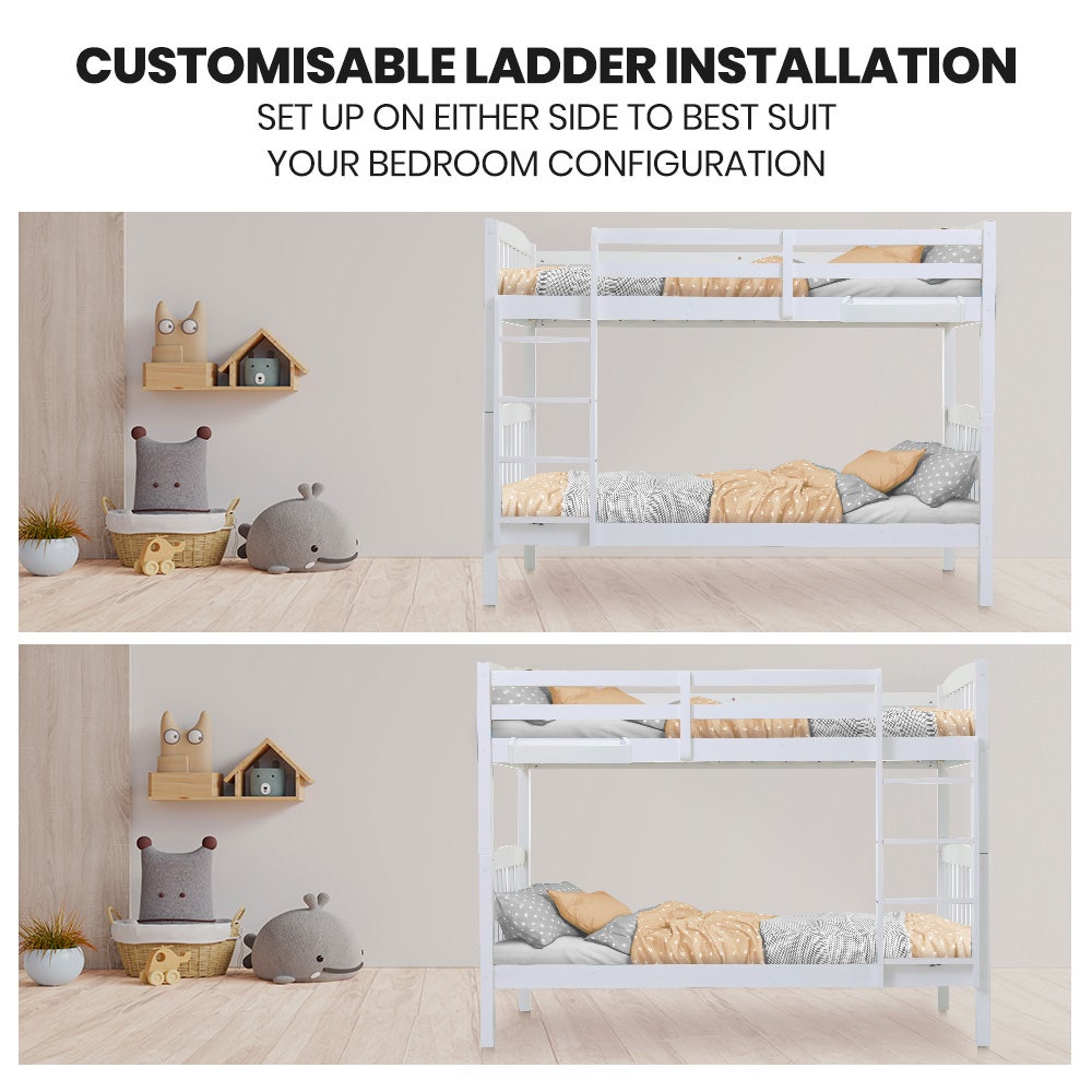 Kids Wooden Convertible Bunk Bed (Can convert to 2 Singles) - White with customizable ladder on both sides in a kids bedroom setup