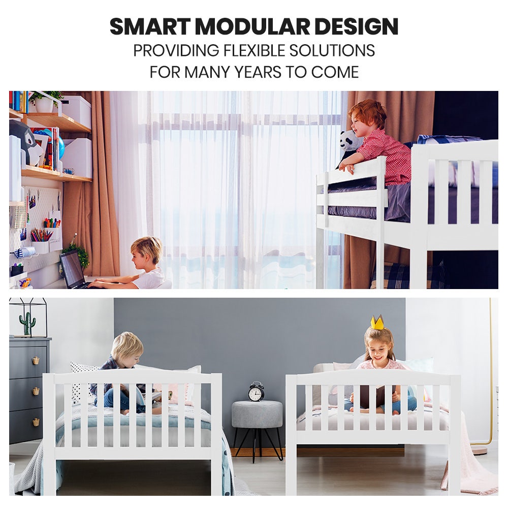 Kids Wooden Convertible Bunk Bed (Can convert to 2 Singles) - White shown as bunk bed and separated single beds in kids' rooms