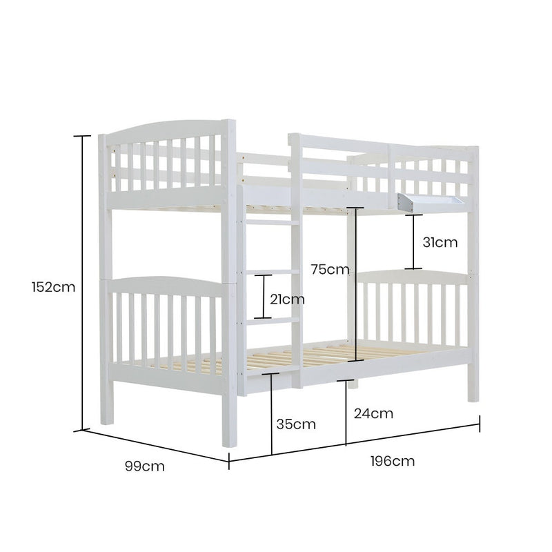Kids Wooden Convertible Bunk Bed (Can convert to 2 Singles) - White with labeled dimensions and slatted frame design.