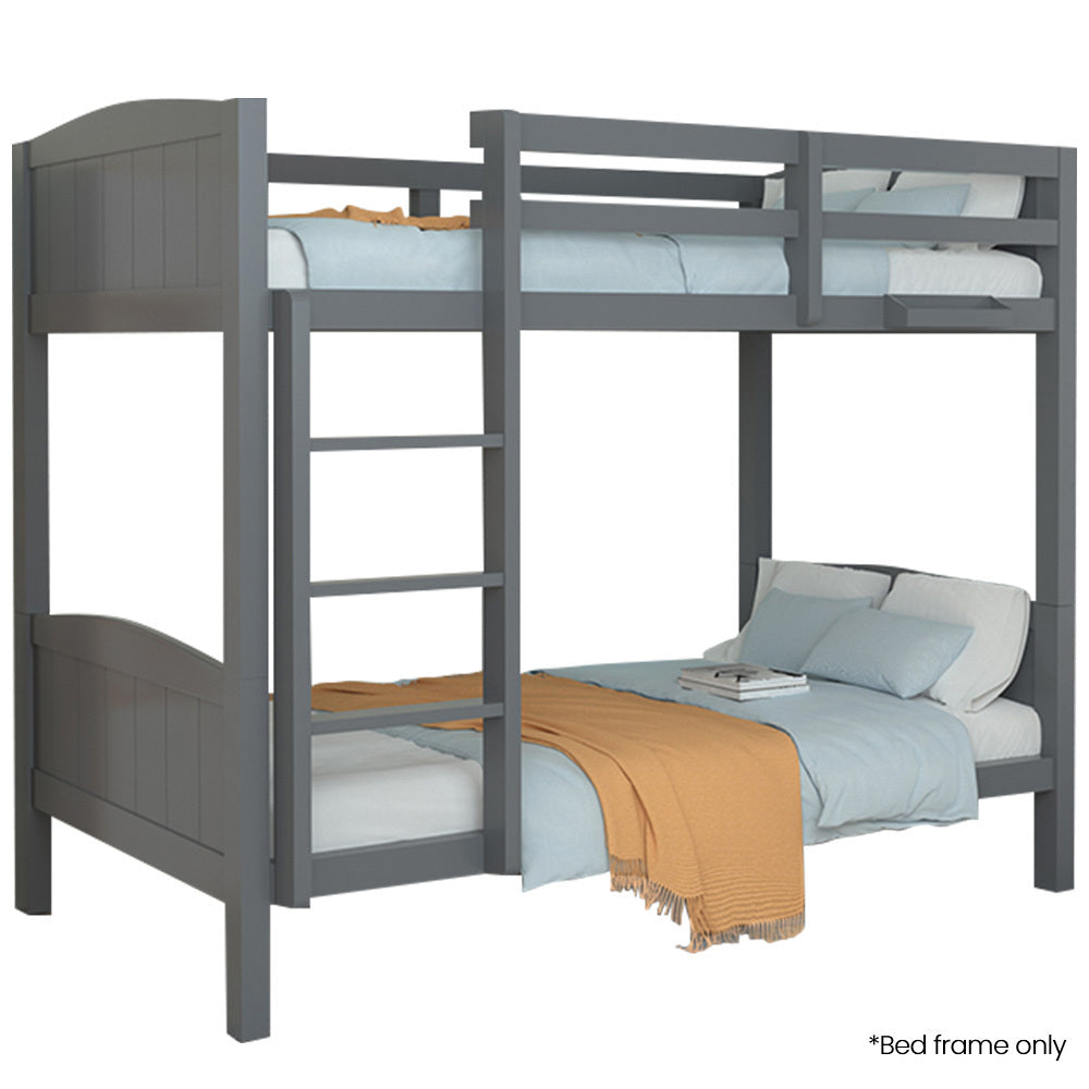 Single Bunk Bed Frame, Solid Pine 2-in-1 Modular Design Convert to 2 Single Beds, Grey with ladder and bedding in bedroom furniture style