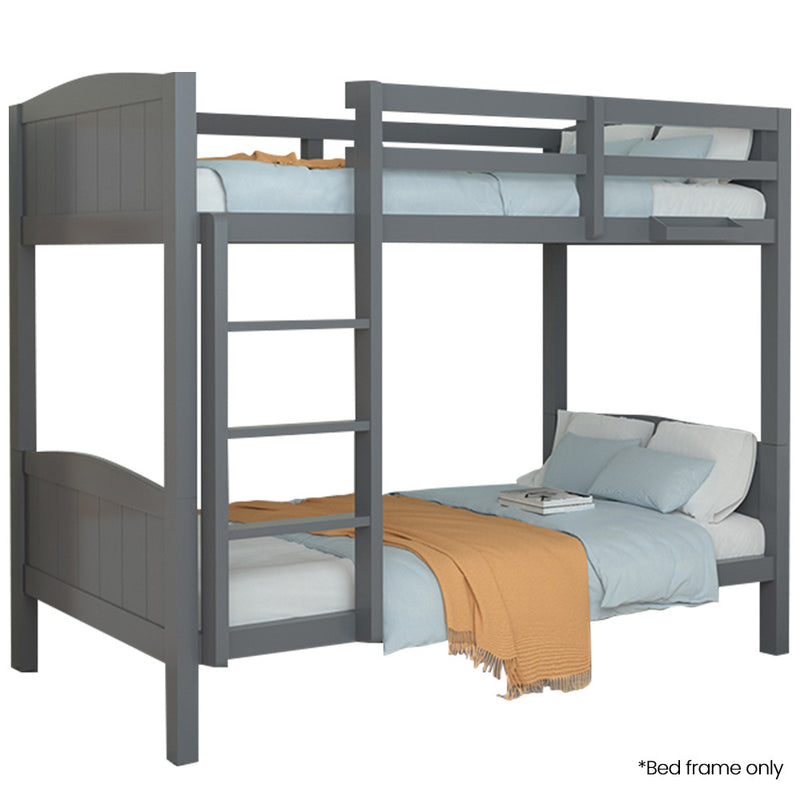 Single Bunk Bed Frame, Solid Pine 2-in-1 Modular Design Convert to 2 Single Beds, Grey with ladder and bedding in bedroom furniture style