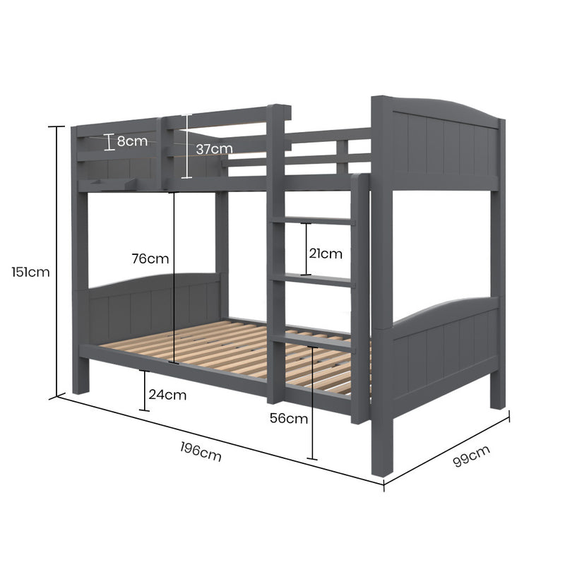 Single Bunk Bed Frame, Solid Pine 2-in-1 Modular Design Convert to 2 Single Beds, Grey with dimensions and wooden slats