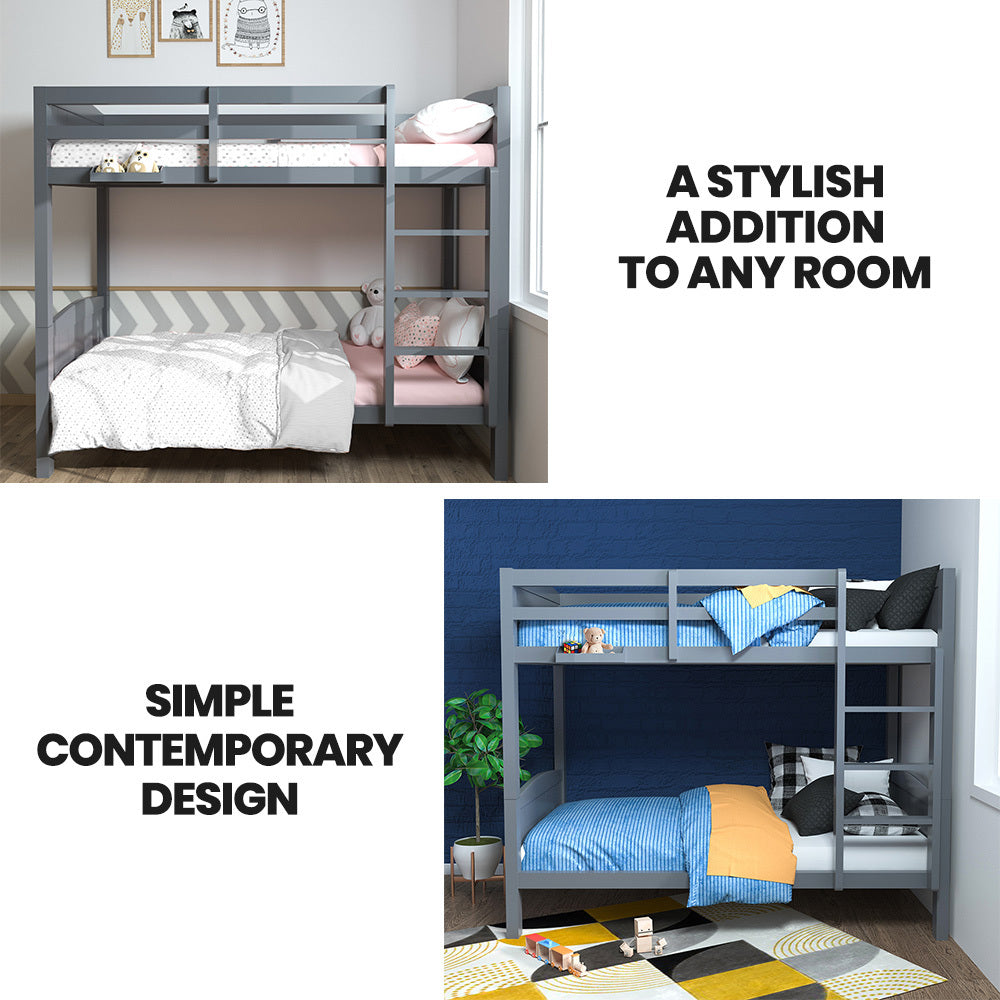 Single Bunk Bed Frame, Solid Pine 2-in-1 Modular Design Convert to 2 Single Beds, Grey