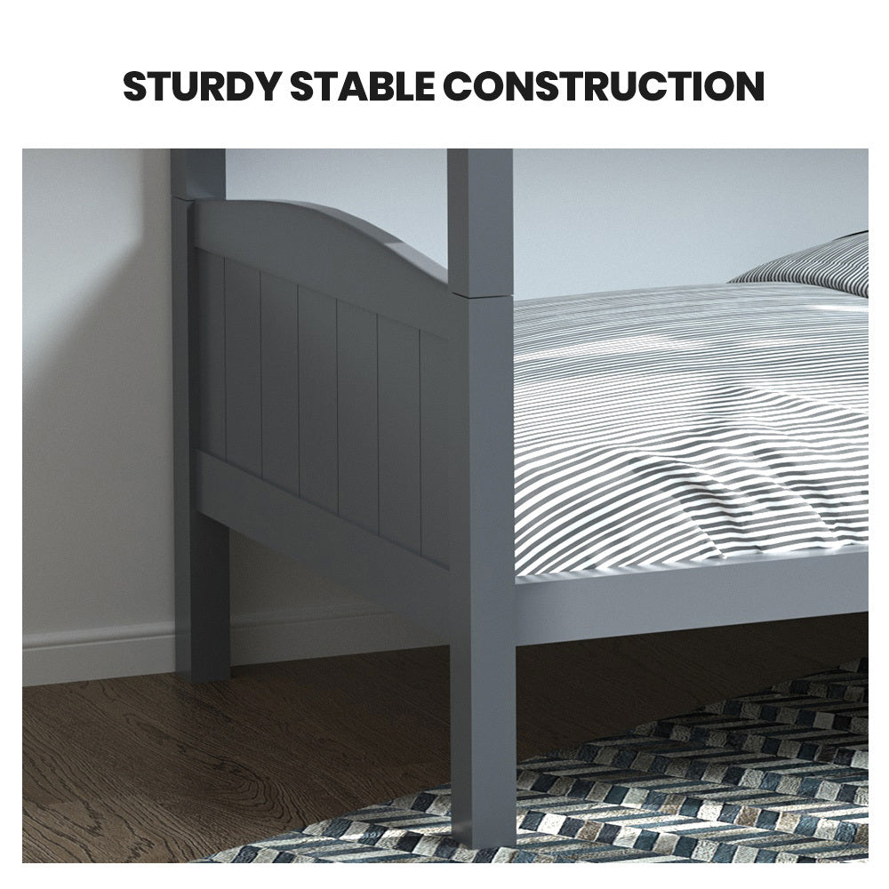 Single Bunk Bed Frame, Solid Pine 2-in-1 Modular Design Convert to 2 Single Beds, Grey