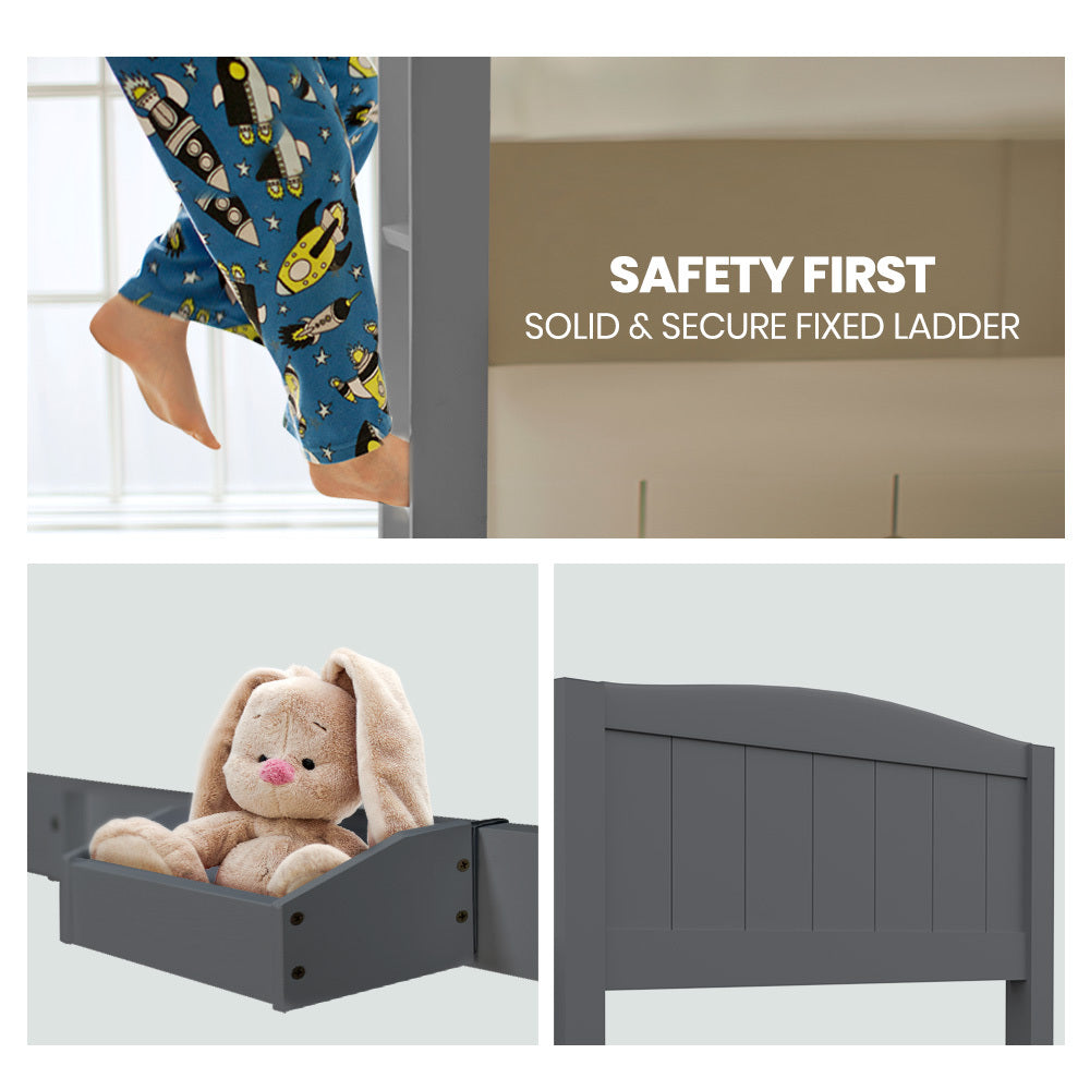 Single Bunk Bed Frame, Solid Pine 2-in-1 Modular Design Convert to 2 Single Beds, Grey with secure ladder and panel details