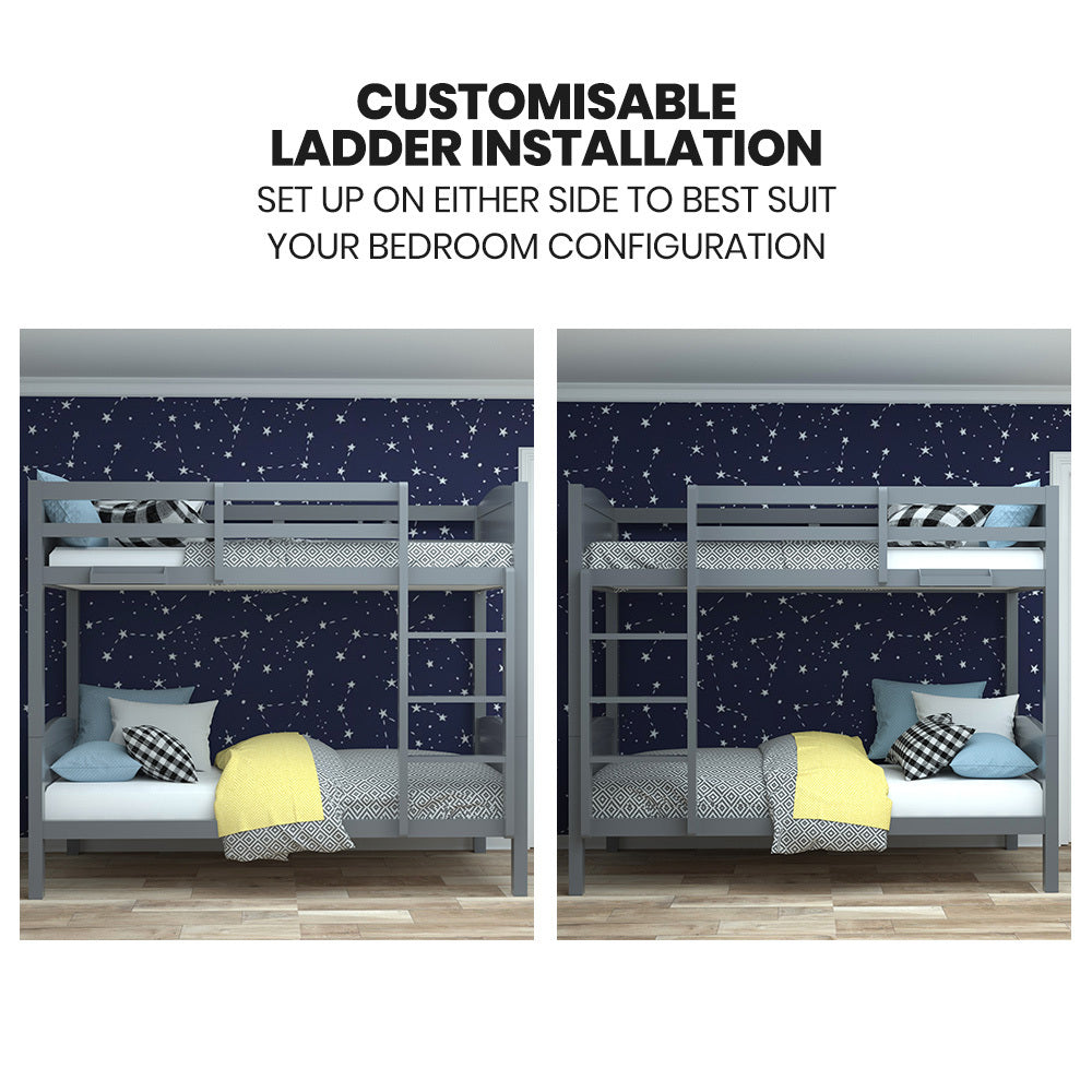 Single Bunk Bed Frame, Solid Pine 2-in-1 Modular Design Convert to 2 Single Beds, Grey with customizable ladder on either side