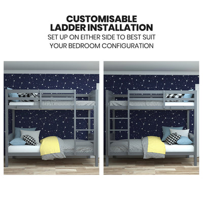 Single Bunk Bed Frame, Solid Pine 2-in-1 Modular Design Convert to 2 Single Beds, Grey with customizable ladder on either side