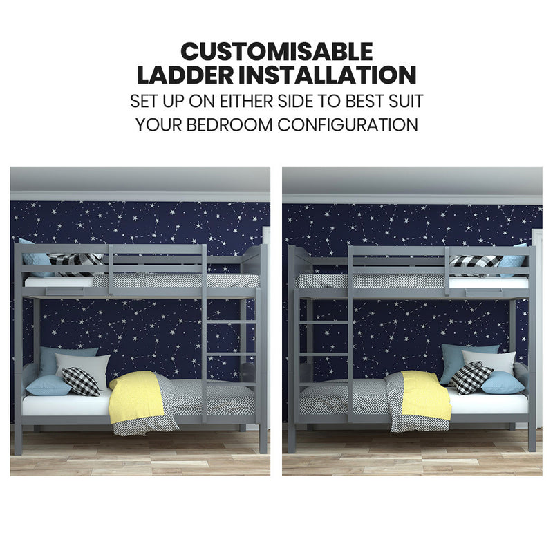 Single Bunk Bed Frame, Solid Pine 2-in-1 Modular Design Convert to 2 Single Beds, Grey with customizable ladder on either side