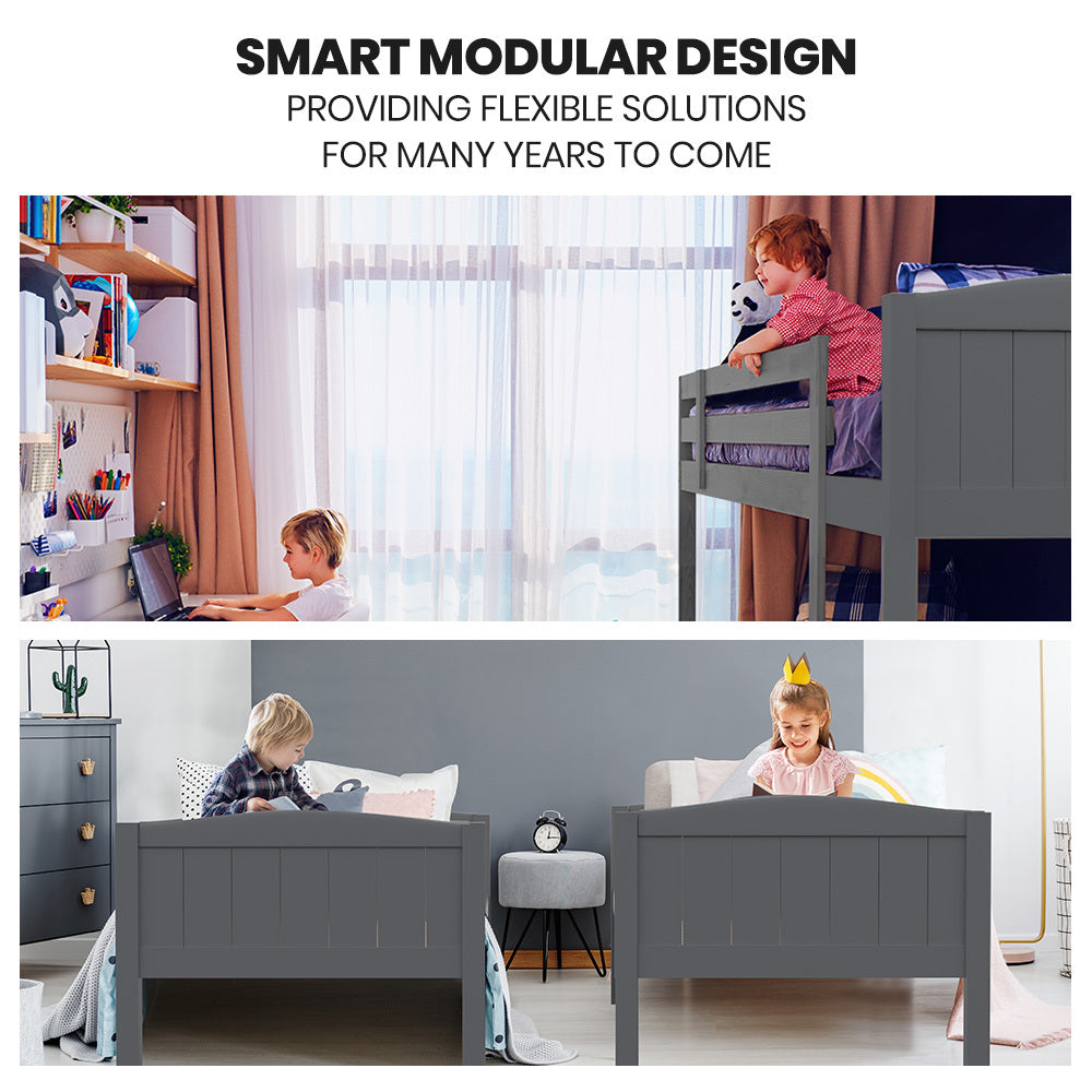Single Bunk Bed Frame, Solid Pine 2-in-1 Modular Design Convert to 2 Single Beds, Grey