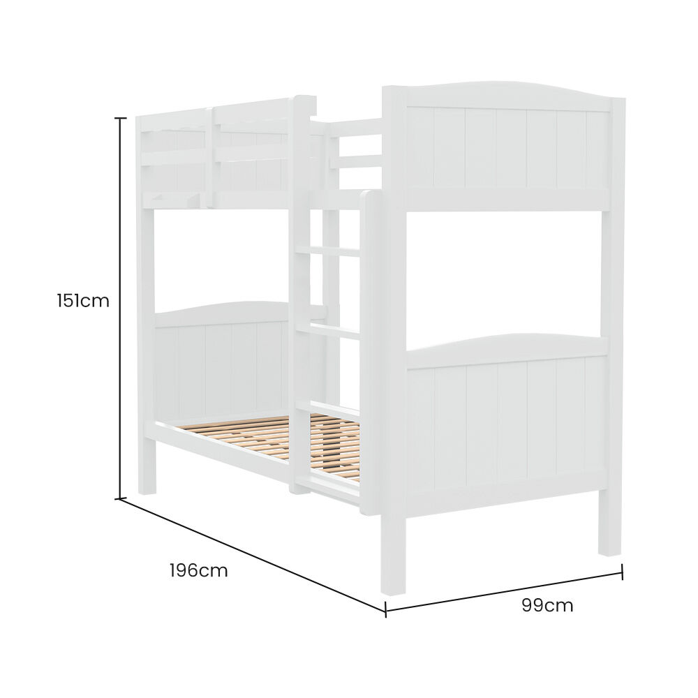 Single Bunk Bed Frame Solid Pine Wood Timber, Modular Design, White with wooden slats and integrated ladder on white background