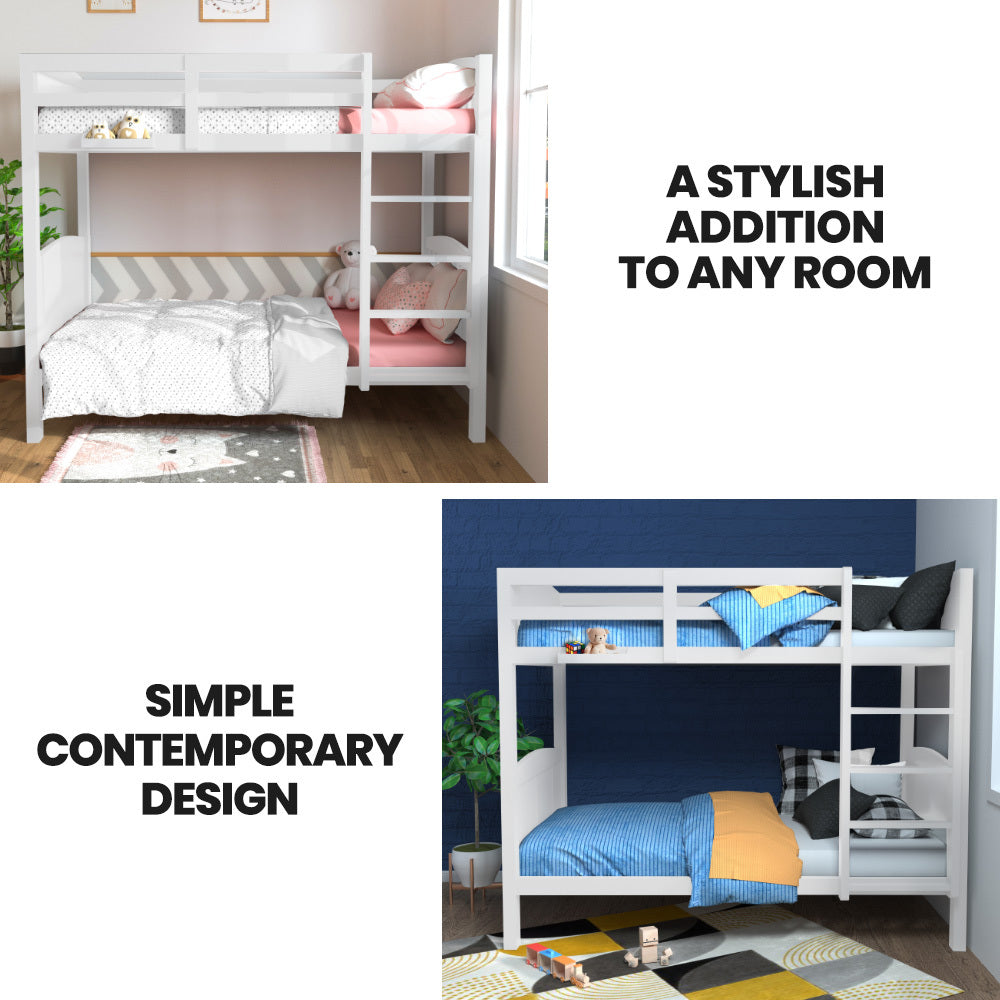 Single Bunk Bed Frame Solid Pine Wood Timber, Modular Design, White in styled children's bedrooms with bedding and decor