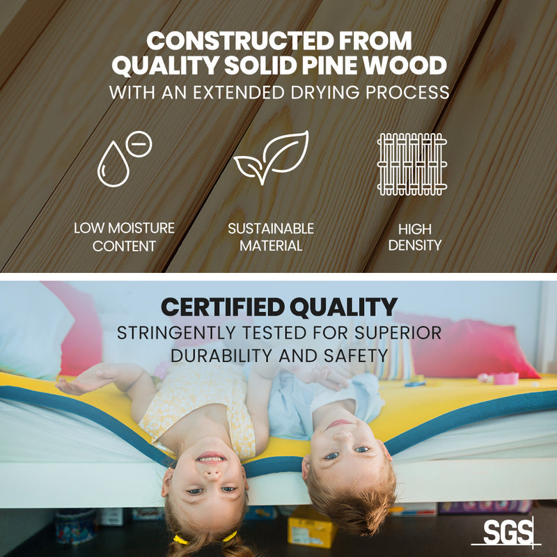 Single Bunk Bed Frame Solid Pine Wood Timber, Modular Design, White with quality wood, durability certification, and children on bed