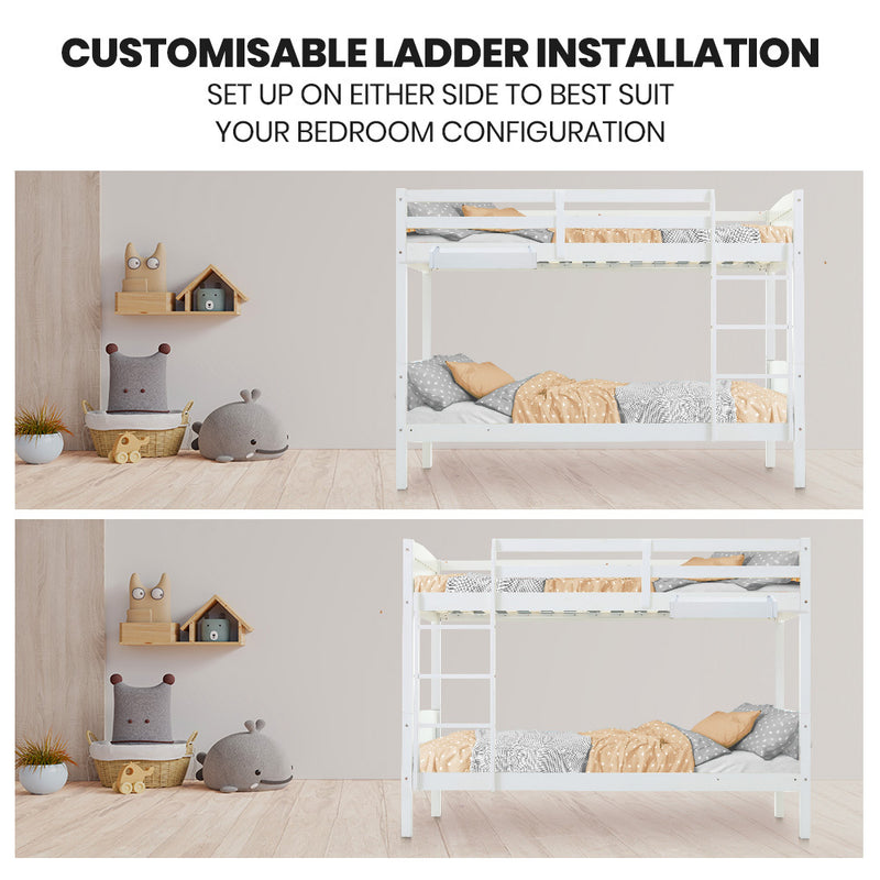 Single Bunk Bed Frame Solid Pine Wood Timber, Modular Design, White with customizable ladder on either side in a child's bedroom setting