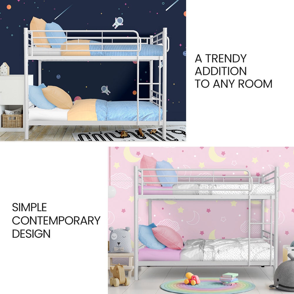 2in1 Single Metal Bunk Bed Frame, with Modular Design, Matte White, shown in two bedroom setups with bedding and decor