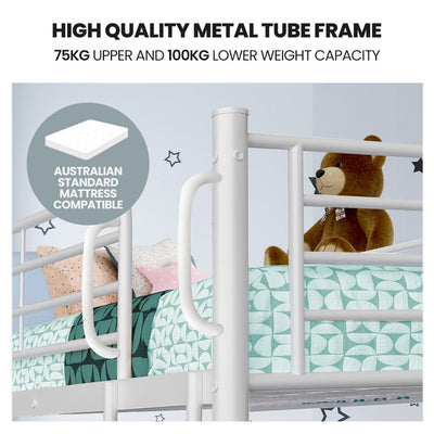 2in1 Single Metal Bunk Bed Frame, with Modular Design, Matte White, featuring high-quality metal tube construction and safety rails